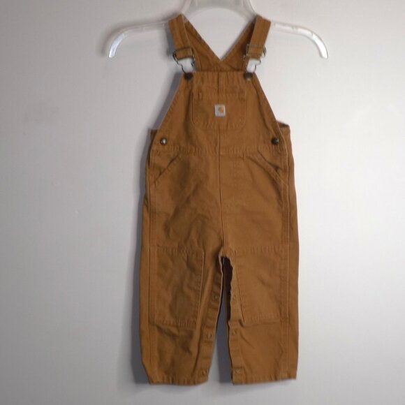 Carhartt Overalls Size 24 Month Brown Canvas Adjustable Double Knee Bibs Utility - Picture 1 of 5